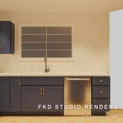 Navy 2020 Flex kitchen design at the sink wall, with an undermount sink under the window, brass pulls, and a gold dishwasher panel.