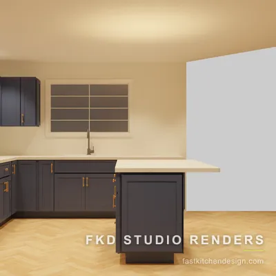L-shaped navy shaker 2020 Flex kitchen design with peninsula seating, quartz counters, gas range, and herringbone wood flooring.