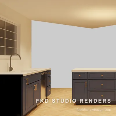 Freestanding navy island in a 2020 Flex kitchen design, with brass knobs and pulls, a quartz top, and a stainless French-door fridge nearby.
