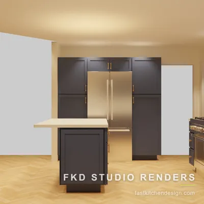 2020 Flex kitchen design showing the tall navy pantry wall, panel-ready French-door fridge, center island, and a stainless gas range.