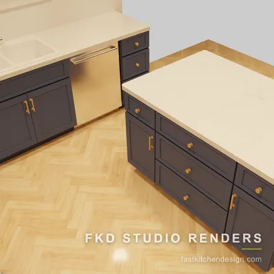 Close-up of navy shaker cabinets, brass bar pulls, and a double-basin sink in a 2020 Flex kitchen design by Fast Kitchen Design.
