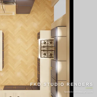 2020 Flex kitchen floor plan showing the navy cabinet layout, center island, gas range, and herringbone wood flooring.