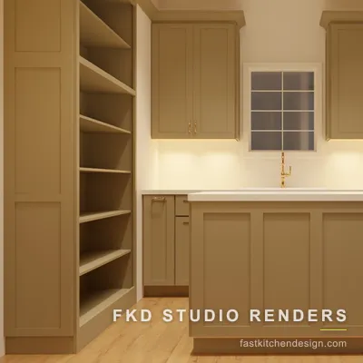 2020 Flex walk-in pantry design with sage shaker cabinets, a quartz-topped island, brass hardware, and an apron sink, designed in 2020 Flex by Fast Kitchen Design.