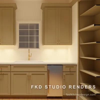 Sage shaker 2020 Flex pantry design seen from the sink wall, with an apron sink, brass faucet, quartz counter, and a stainless beverage fridge.