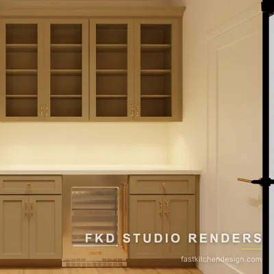 2020 Flex pantry design beverage station with sage glass-front upper cabinets, brass pulls, and a stainless glass-door fridge by Fast Kitchen Design.