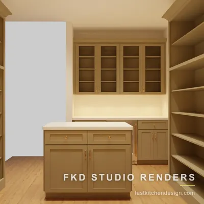 Sage 2020 Flex walk-in pantry design from the entry, showing tall open shelving towers flanking a shaker island and glass-front hutch.