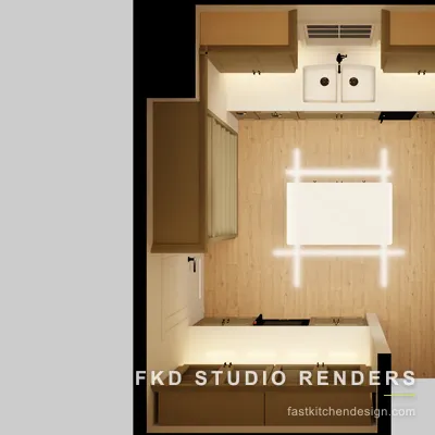 2020 Flex pantry floor plan showing the U-shaped layout with a central island, double-bowl sink, and perimeter cabinetry.