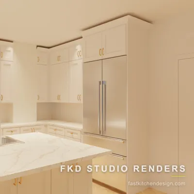 2020 Flex kitchen design with cream shaker cabinets, a white marble waterfall island, and brass hardware, designed in 2020 Flex by Fast Kitchen Design.