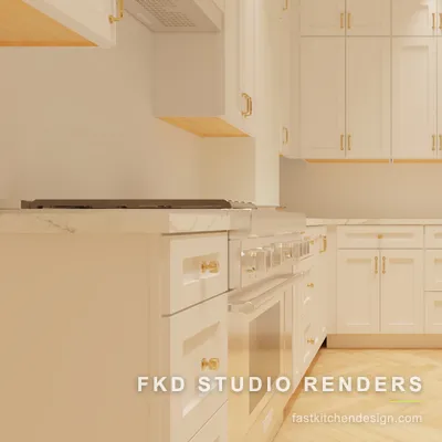 Cream 2020 Flex kitchen seen from the range wall, with a stainless pro range, paneled dishwasher, brass pulls, and herringbone wood floors.
