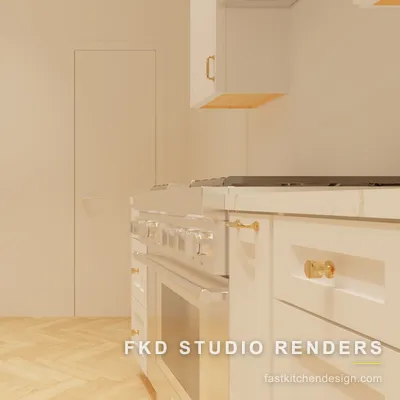 Alternate 2020 Flex kitchen angle showing cream shaker base cabinets, a stainless pro range, and brass cup pulls over herringbone flooring.