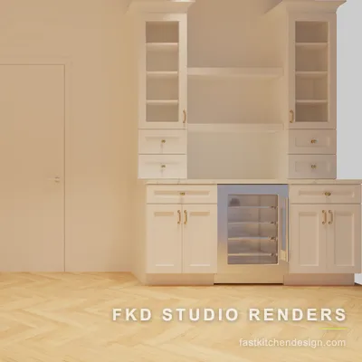 2020 Flex kitchen beverage wall with glass-front display cabinets, open shelving, a built-in wine fridge, and a paneled refrigerator.