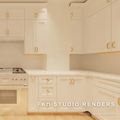 2020 Flex kitchen elevation of the range wall, with a stainless pro range, stacked shaker uppers, a hood cabinet, and brass hardware.