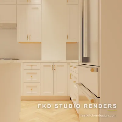 Close-up of cream shaker drawers and doors with brass pulls beside a stainless refrigerator in a 2020 Flex kitchen design.