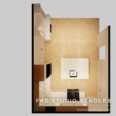 2020 Flex kitchen floor plan showing the L-shaped layout, marble island with sink and range, and herringbone wood flooring.