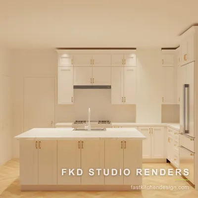 2020 Flex kitchen design with a cream shaker layout, marble waterfall island and sink, range wall, and brass hardware, designed in 2020 Flex by Fast Kitchen Design.