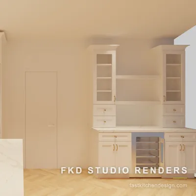 Wide 2020 Flex kitchen view of the bar wall with glass-front cabinets, a wine fridge, marble island sink, and a paneled refrigerator.