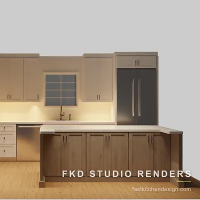 2020 Flex kitchen design with cream shaker cabinets, a walnut shaker peninsula, and quartz tops, designed in 2020 Flex by Fast Kitchen Design.