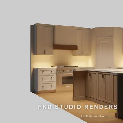 Angled view of a two-tone 2020 Flex kitchen design, with a walnut peninsula, espresso end panel, pro range, and panel-ready fridge.