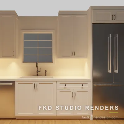 2020 Flex kitchen design seen from the sink wall, with cream shaker cabinets, a divided-light window, and a panel-ready refrigerator.