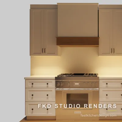 Range wall of a 2020 Flex kitchen design, with a stainless pro range, wood-accent hood, and cream shaker cabinets flanking a pantry door.