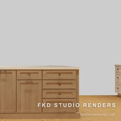 Close-up of the walnut shaker peninsula in a 2020 Flex kitchen design, with a built-in microwave, drawers, and knurled knobs.