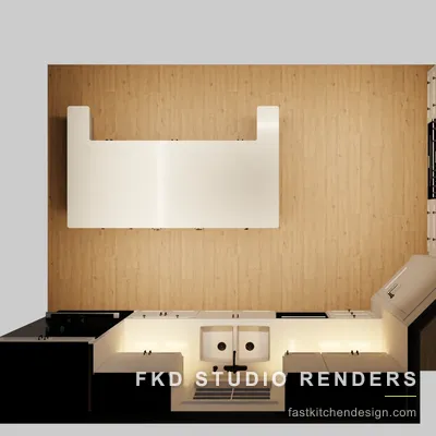 2020 Flex kitchen floor plan showing the peninsula layout, double-bowl apron sink, and L-shaped cabinet arrangement.