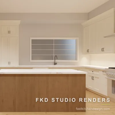 2020 Flex kitchen design with cream shaker cabinets and a warm wood island topped in marble, designed in 2020 Flex by Fast Kitchen Design.