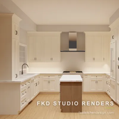 Two-tone 2020 Flex kitchen design seen head-on, with a stainless chimney hood over the cooktop and a wood island in the U-shaped layout.