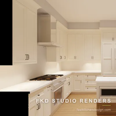 2020 Flex kitchen design from the range wall, showing the wood island's built-in microwave and glass-front cabinet beside a panel-ready fridge.