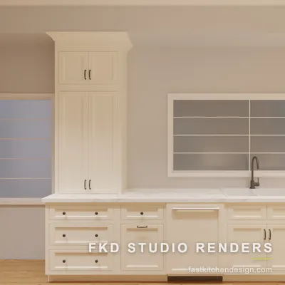 2020 Flex kitchen design of the sink wall, with cream shaker cabinets, a tall pantry, marble counters, and a black gooseneck faucet.
