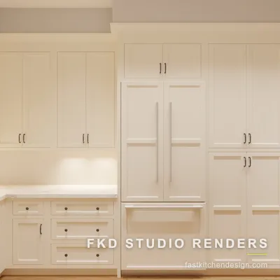 Cream shaker cabinetry and a panel-ready French-door refrigerator flanked by tall pantries in this 2020 Flex kitchen design.