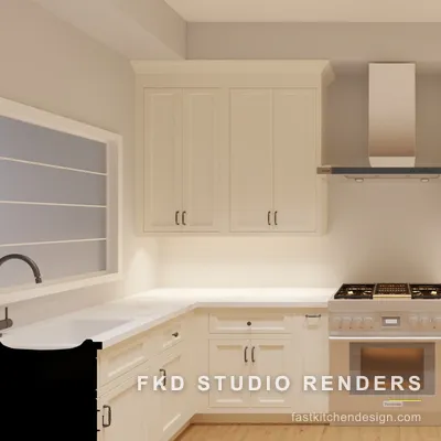 2020 Flex kitchen design centered on the pro-style stainless range and chimney hood, framed by symmetrical cream shaker cabinets.