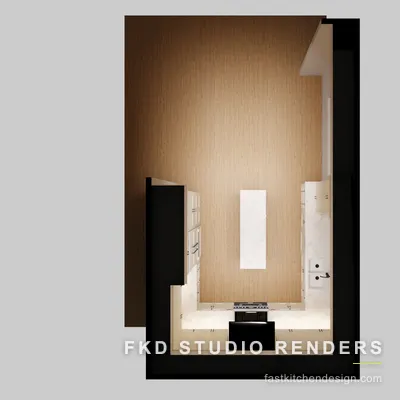 2020 Flex kitchen floor plan showing the U-shaped cabinet layout, central island, and wood flooring throughout the open space.