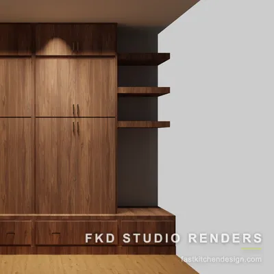 2020 Flex mudroom design with floor-to-ceiling walnut storage, a drawer bench, and floating shelves, designed in 2020 Flex by Fast Kitchen Design.
