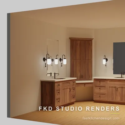 2020 Flex bath design with L-shaped walnut shaker double vanities, white quartz tops, and bronze sconces, designed in 2020 Flex by Fast Kitchen Design.