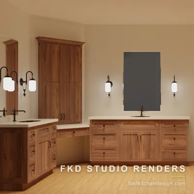 Walnut 2020 Flex bath design seen from the main vanity wall, with a tall linen tower, bronze sconces, and a private toilet alcove.