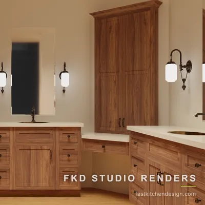 Close-up of walnut shaker doors, drawers, and oil-rubbed bronze hardware on an undermount-sink vanity in a 2020 Flex bath design.