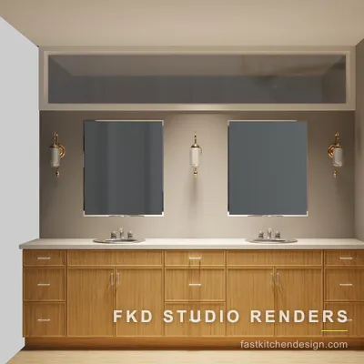 2020 Flex bath design with walnut shaker double vanity, white quartz counter, twin oval sinks, and brass sconces, designed in 2020 Flex by Fast Kitchen Design.