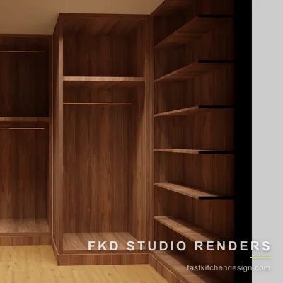 2020 Flex walk-in closet design with floor-to-ceiling walnut wardrobes, open hanging rods, and oak floor, designed in 2020 Flex by Fast Kitchen Design.