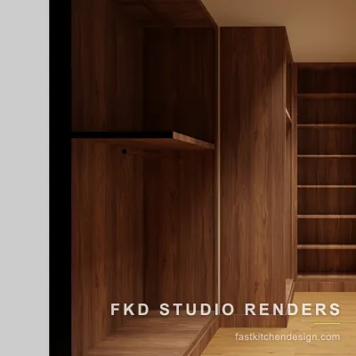 Walnut 2020 Flex walk-in closet seen toward the entry, with tall open shelving columns, slab-front cabinets, and light oak flooring.
