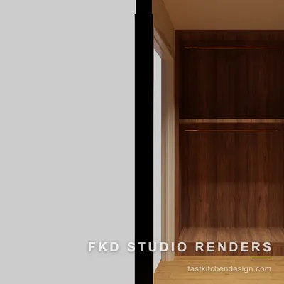 Alternate angle of a 2020 Flex walnut closet design showing double-hang wardrobe sections, metal hanging rods, and a corner storage unit.