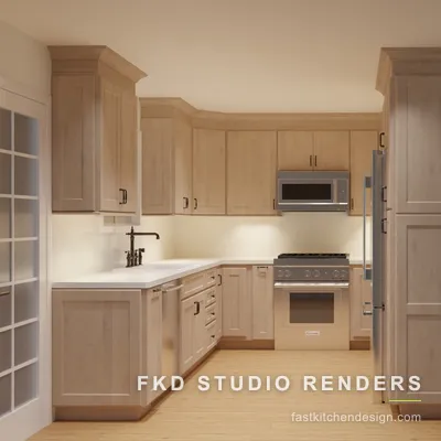 2020 Flex kitchen design with warm light-wood shaker cabinets, white quartz counters, and an apron sink, designed in 2020 Flex by Fast Kitchen Design.