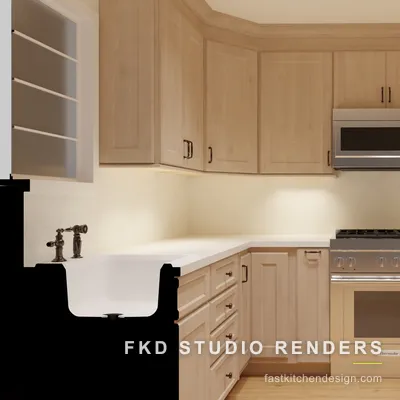 Light-wood 2020 Flex kitchen design seen head-on at the range wall, with a stainless gas range, over-range microwave, and a white farmhouse sink.