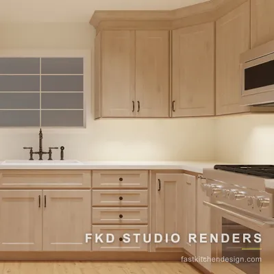 2020 Flex kitchen design at the sink wall, with a divided-light window, bronze bridge faucet, apron sink, and a paneled stainless dishwasher.