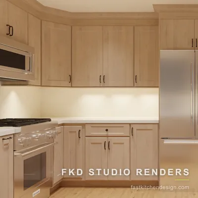 Warm wood 2020 Flex kitchen design framing the stainless French-door refrigerator between tall shaker cabinets, with bronze pulls and quartz counters.