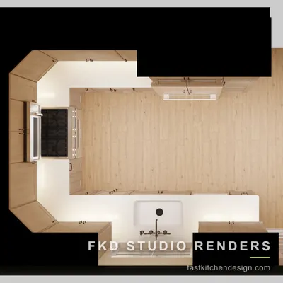 2020 Flex kitchen floor plan showing the U-shaped layout with the gas range, apron sink, and light wood plank flooring.