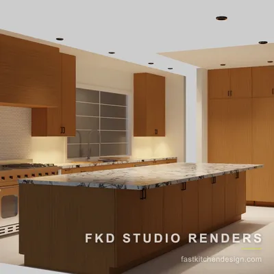 2020 Flex kitchen design with warm wood slab-front cabinets, a veined marble island, and a pro range, designed in 2020 Flex by Fast Kitchen Design.