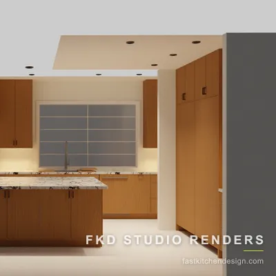Warm wood 2020 Flex kitchen design seen from the front, showing the marble island, wood hood, and a tall floor-to-ceiling pantry wall, designed in 2020 Flex.