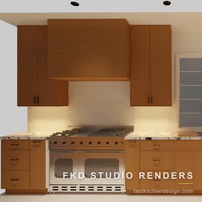 2020 Flex kitchen elevation view of the range wall, with a wood hood, double-oven range, brick backsplash, and marble counters.
