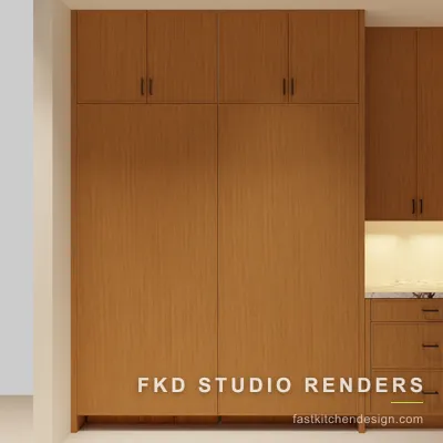 Close-up of tall wood slab-front pantry cabinets with black bar pulls in a 2020 Flex kitchen design by Fast Kitchen Design.